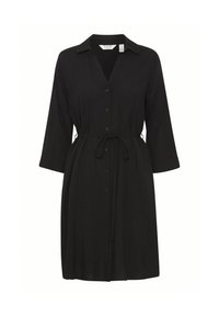 Schwarzes Kleid aus weichem Stoff, mit Knopfleiste, Kragen, 3/4-Ärmeln und einem gebundenen Taillendetail für eine verstellbare Passform.