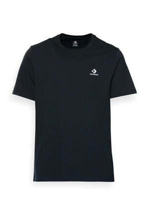 Black short-sleeve Converse T-shirt with crew neck and small white logo on left chest against a white background.