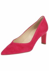 Růžová suede vysoká bota na podpatku s špičatou špičkou, nízkými bočními částmi a lesklým růžovým blokovým podpatkem. Hladká vnitřní podšívka a minimalistický design.