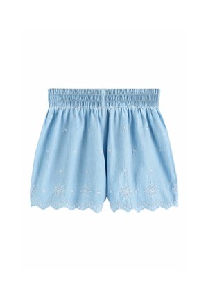 Light blue cotton shorts with elastic waistband, white embroidered floral patterns, and scalloped hem edges.