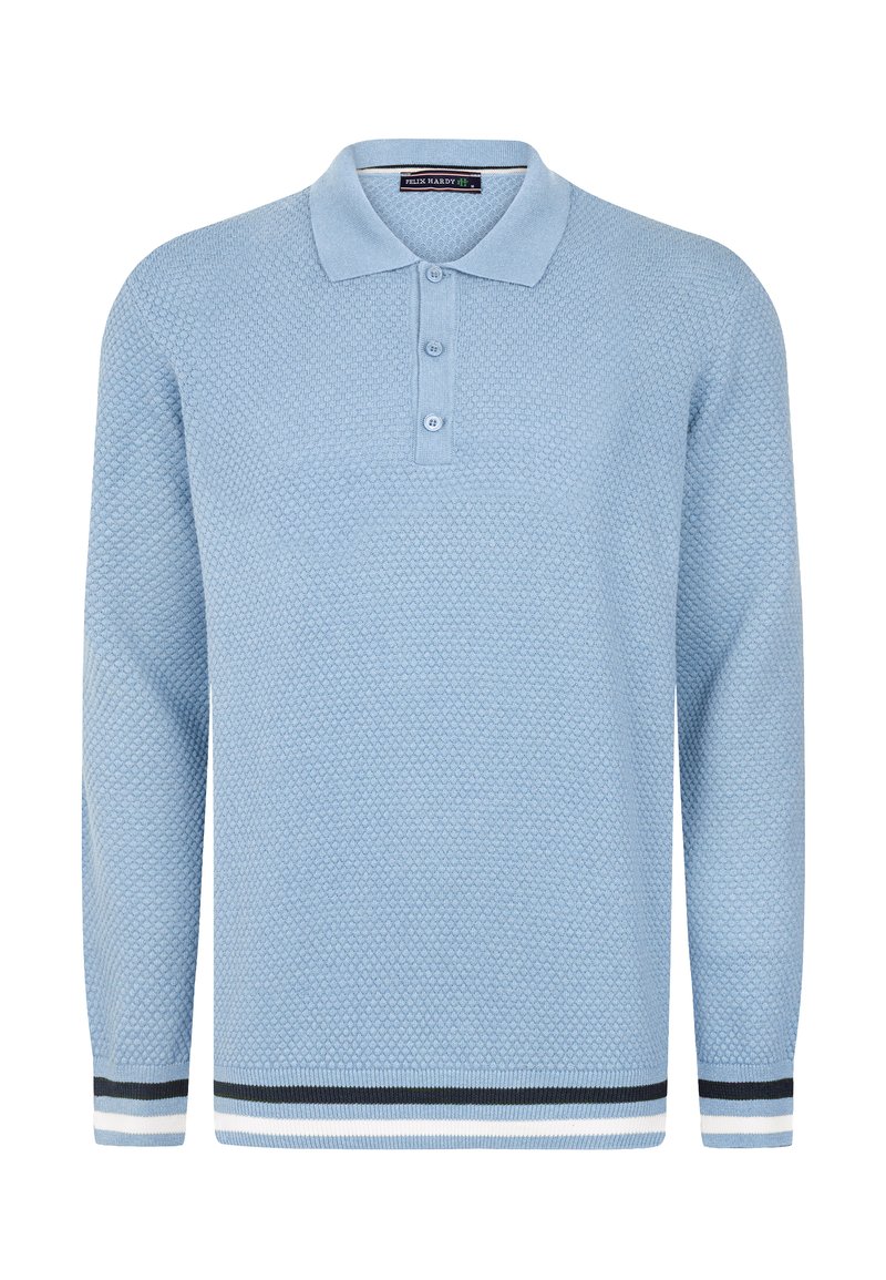 Hele sinine pikkade varrukatega polo särk, millel on tekstuuriga kudumine, kolme nupuga kaelus ja soonikkoes mansetid, millel on valged ja tumesinised triibud.