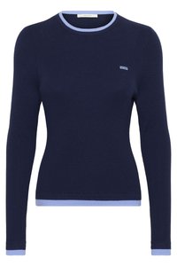 Navy ribbed long-sleeve sweater with a light blue round neckline and cuffs. Features a small, embroidered logo on the chest.