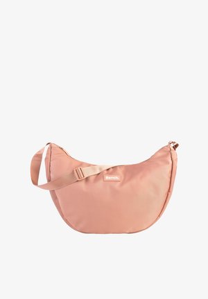 Rosa Nylontaschenk mit einer geschwungenen Form, verstellbarem Tragegurt, Reißverschluss und einem kleinen Logo-Patch mit dem Markennamen "Bench."