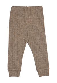 Brown ribbed leggings made from soft fabric; features a fitted ankle with elastic waistband; texture appears smooth and stretchy.