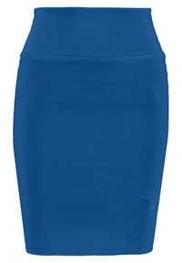 Blaue Bleistiftrock aus elastischem Stoff, mit hohem Taillenbund, glatter Textur und körpernahem Schnitt, der zum Saum hin schmaler wird.