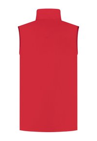 Czerwona bezrękawnik o wysokim kołnierzu, wykonana z gładkiego, lekkiego materiału. Brak widocznych wzorów, akcentów czy elementów metalowych. Prosty design.