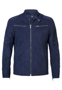 Giacca in suede blu navy con chiusura a zip, due tasche con zip sul petto, tasche laterali e dettagli sulle spalle. Tessuto liscio, design moderno.