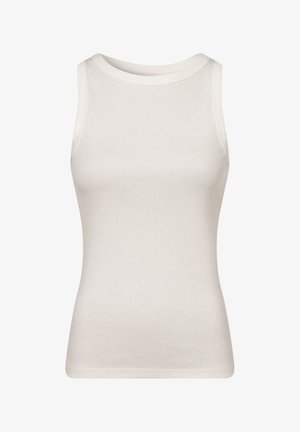 White sleeveless tank top made of smooth cotton fabric. Features a round neckline and fitted silhouette with no patterns or embellishments.