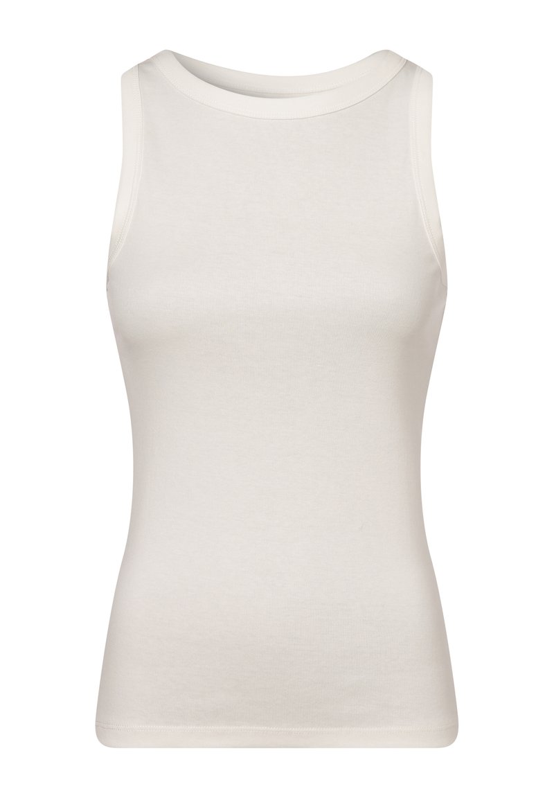 Weißes ärmelloses Tanktop aus glattem Baumwollstoff. Mit rundem Halsausschnitt und figurbetonter Silhouette, ohne Muster oder Verzierungen.