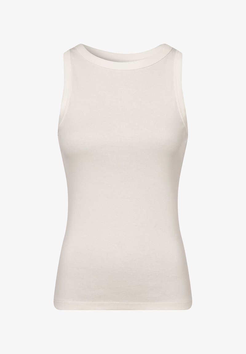 White sleeveless tank top made of smooth cotton fabric. Features a round neckline and fitted silhouette with no patterns or embellishments.