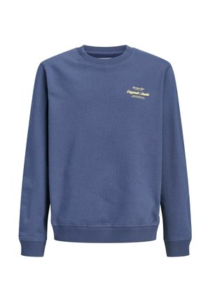 Sweat-shirt bleu à manches longues avec col rond et petit logo texte jaune clair sur la partie supérieure gauche de la poitrine.