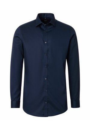 Herre skjorte med lange ærmer i marineblå med knapper foran og klassisk krave, vist mod en hvid baggrund.