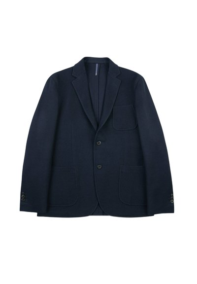 Blazer blu navy realizzato in tessuto testurizzato, con revers a punta, due tasche frontali e chiusura a due bottoni con polsini abbottonati.