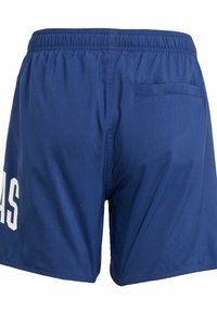 Navy blue swim shorts made of lightweight fabric, featuring an elastic waistband and a single back pocket. Large white lettering on the side.