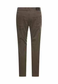 Braune Baumwollmischung-Hosen mit schmaler Passform, ausgestattet mit zwei Gesäßtaschen und einer gestickten Verzierung an den Taschen. Schwarzes Etikett am Bund.