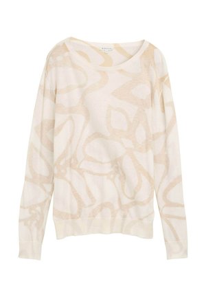 Maglione beige chiaro con motivo floreale astratto in una tonalità leggermente più scura. Maniche lunghe, scollatura a girocollo e tessuto morbido e strutturato.