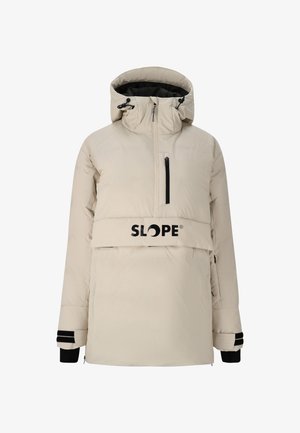 Beige isolierter Pullover-Jacke mit hohem Kragen, Frontreißverschluss und einer schwarzen Brusttasche. Mit schwarzen Akzenten an den Bündchen und einem Logo.