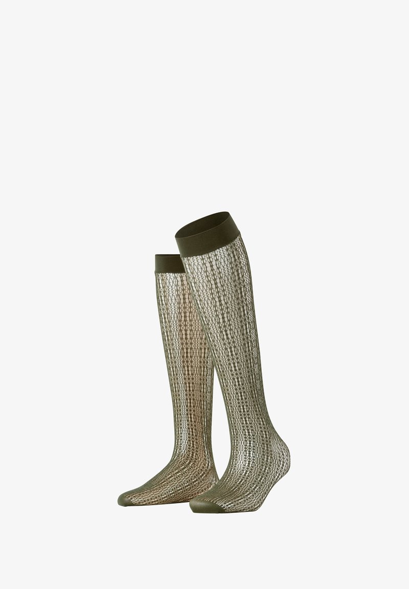 Chaussettes montantes en tissu mesh fin de couleur vert olive avec un motif texturé et un bord uni en haut.