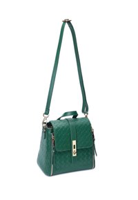 Borsa a tracolla in finta pelle intrecciata verde con pattina a ribalta, hardware dorato e tracolla regolabile. Caratterizzata da cerniere laterali e una superficie testurizzata.