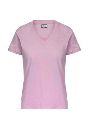 T-shirt da donna rosa chiaro con scollo a V, maniche corte e piccolo logo ricamato sul petto a sinistra.