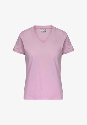 T-shirt da donna rosa chiaro con scollo a V, maniche corte e piccolo logo ricamato sul petto a sinistra.