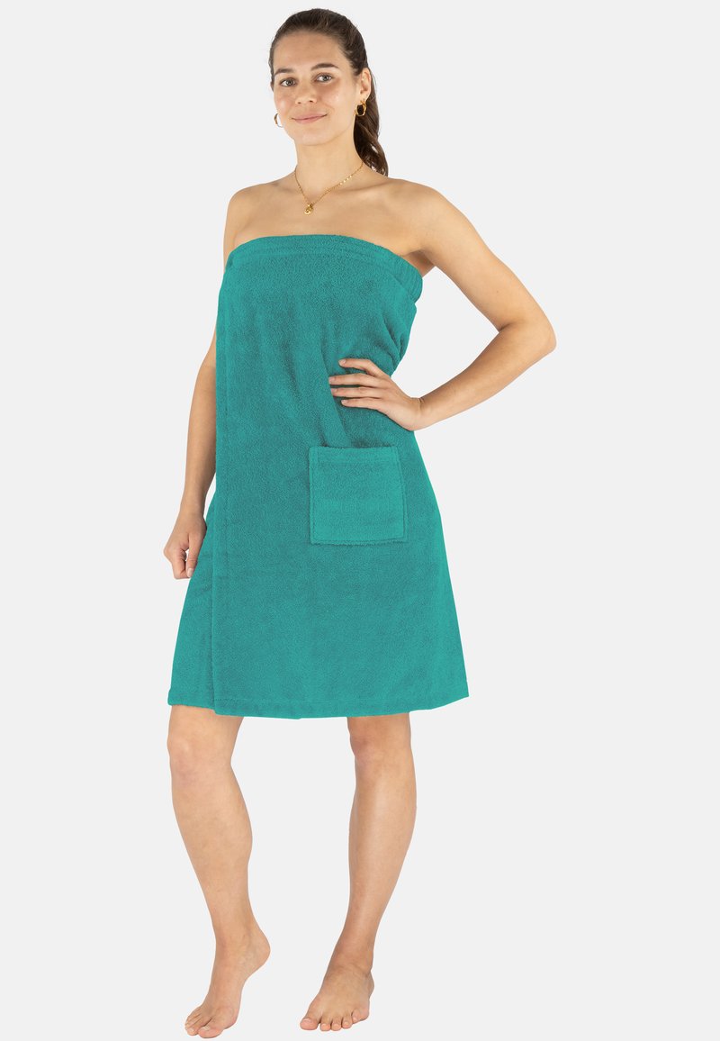 Türkises Handtuchkleid aus Frottee mit trägerlosem Design und einer Fronttasche. Weicher Stoff, Oberschenkellänge, mit einer lockeren Passform.