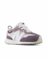 Purple and white athletic shoe with a suede and mesh upper, round toe, white laces, and textured rubber sole. Features a logo on the side.