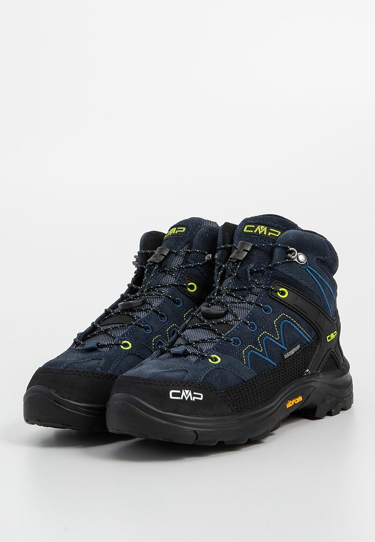 Marineblaue und schwarze Wanderschuhe mit wasserdichtem Design, ausgestattet mit strukturiertem Wildleder, Mesh-Einsätzen, gelben Akzenten und einer gepolsterten Sohle.