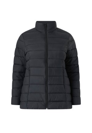 Sort quiltet dynejakke med opretstående krave og frontlynlås, med vandrette sømme og lange ærmer.