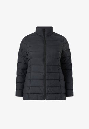 Czarna pikowana kurtka puchowa z kołnierzem typu stójka i przednim zamkiem, z poziomym przeszyciem i długimi rękawami.