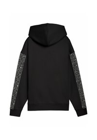 Black hoodie featuring a kangaroo pocket, drawstring hood, and patterned gray leopard-print accents along the sleeves. Soft texture.