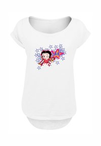 White short-sleeve t-shirt featuring a graphic of a cartoon character in red with yellow accents, surrounded by blue and purple stars.