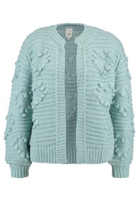 Ljusblå stickad kofta med strukturerade bobbelmönster, rund hals och öppen frontdesign.