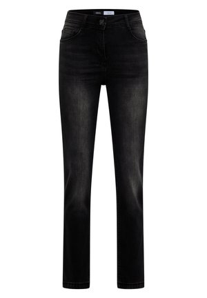 Jeans en denim noir avec une coupe droite, dotés d'une fermeture à glissière, d'un bouton, de cinq poches et d'un léger dégradé dans le tissu.