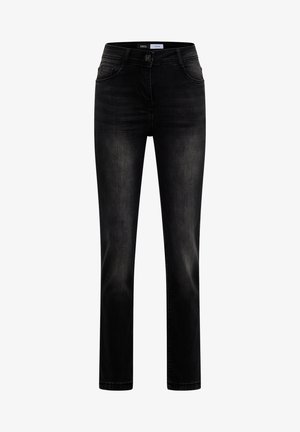 Jeans en denim noir avec une coupe droite, dotés d'une fermeture à glissière, d'un bouton, de cinq poches et d'un léger dégradé dans le tissu.