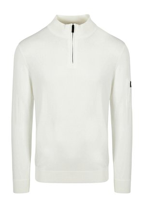 Witte gebreide pullover met een hoge kraag en een halve ritssluiting, voorzien van een zwarte trekband. Inclusief een discrete zijzak met een accent.