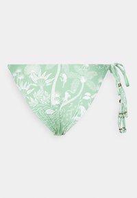 Cueca de bikini verde menta com um padrão tropical branco de flora e fauna, com laterais ajustáveis e detalhes em contas para um melhor ajuste.
