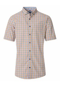 Kurzarmhemd aus leichtem Stoff mit einem mehrfarbigen Karomuster in Blau, Rot und Gelb, einem Button-Down-Kragen und einer Brusttasche.