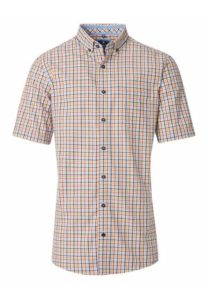 Kurzarmhemd aus leichtem Stoff mit einem mehrfarbigen Karomuster in Blau, Rot und Gelb, einem Button-Down-Kragen und einer Brusttasche.