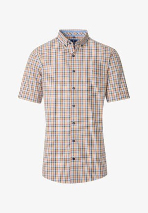 Kurzarmhemd aus leichtem Stoff mit einem mehrfarbigen Karomuster in Blau, Rot und Gelb, einem Button-Down-Kragen und einer Brusttasche.