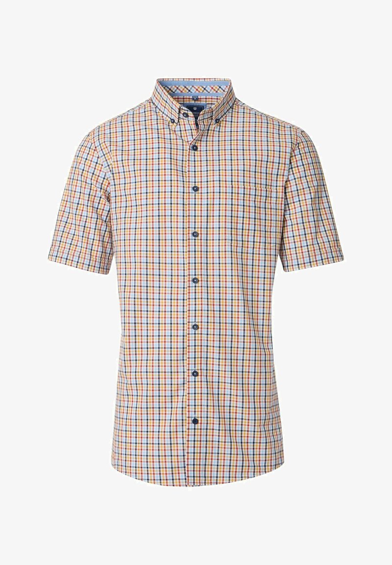 Kortærmet skjorte i let stof med et flerfarvet ternet mønster i blå, rød og gul, en knap-kysekrave og en brystlomme.