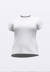 Valge lühikeste varrukatega T-särk hingavast kangast, mis on läbi kogu särgi perforatsioonimustriga, ümmarguse kaelusega ja lõdva lõikega.