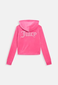 Roze velours hoodie met een rhinestone-logo met de tekst "Juicy" op de achterkant, voorzien van een capuchon en fitted mouwen. Zachte textuur en cropped design.