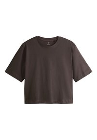 T-shirt marron foncé à manches courtes, col rond court, coupe ample sans motifs ni logos visibles.