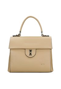 Beżowa skórzana torebka o strukturalnym kształcie, z g�órnym uchwytem i srebrnymi detalami. Posiada zapięcie na magnes i tłoczone logo.