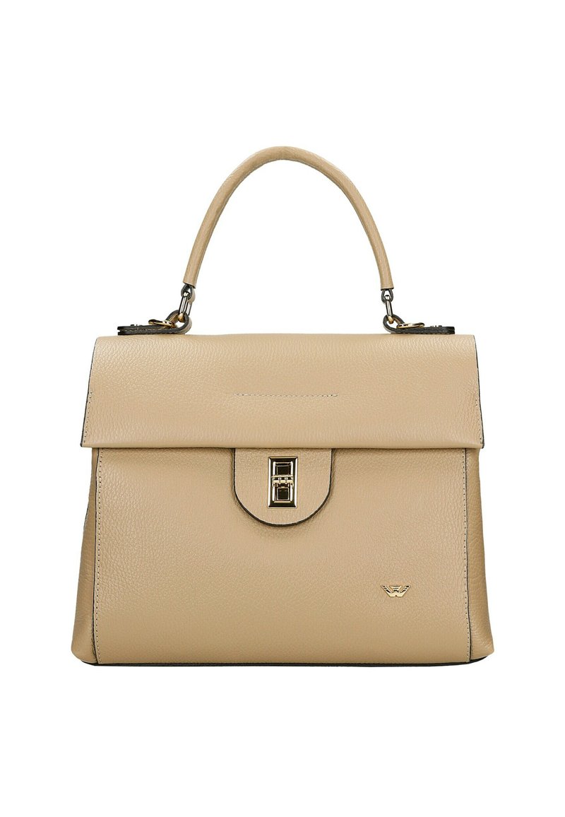 Beżowa skórzana torebka o strukturalnym kształcie, z górnym uchwytem i srebrnymi detalami. Posiada zapięcie na magnes i tłoczone logo.