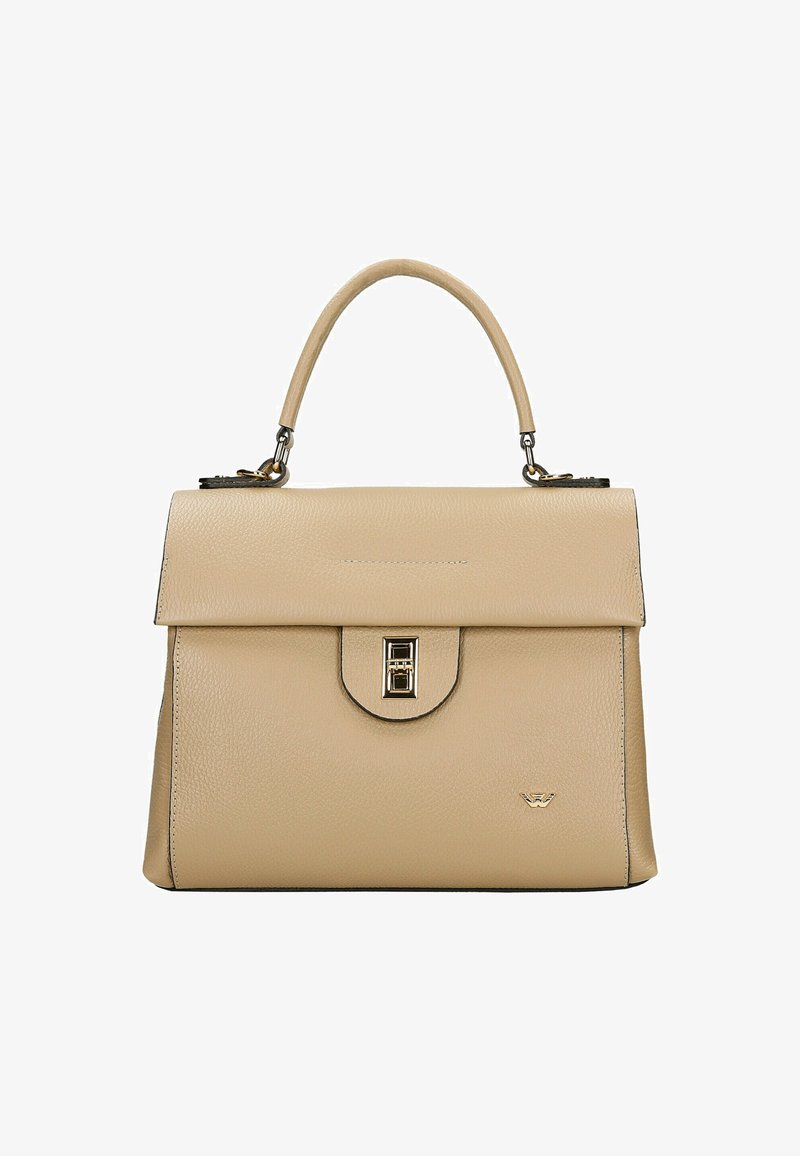 Beige leren handtas met een gestructureerde vorm, een bovenhandvat en zilveren hardware. Voorzien van een magneetsluiting en een geperst logo-detail.