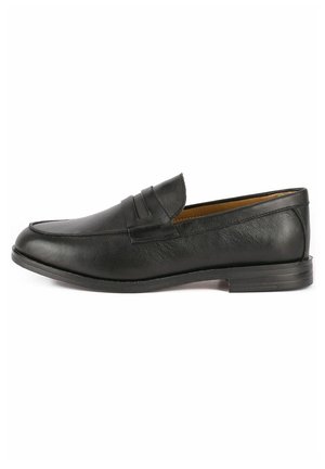 Black leather loafers with a smooth texture, featuring a raised strap detail across the upper and a low, flat heel.