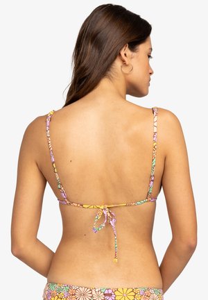 Bikini-Oberteil im mehrfarbigen Blumenmuster mit dünnen verstellbaren Trägern und einem gebundenen Rücken. Das Material wirkt glatt mit einer figurbetonten Passform.