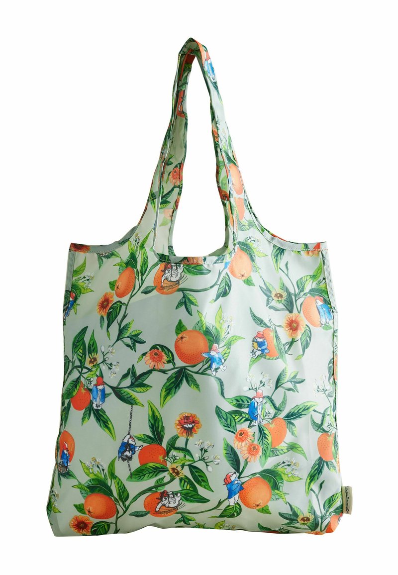 Reusable torba za kupovinu izrađena od laganog materijala, s cvjetnim uzorkom i narančastim voćem te malim likovima u raznim bojama.